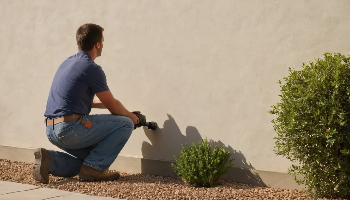 A provider checking along a foundation wall for early pest signs at a home in the Irvine area